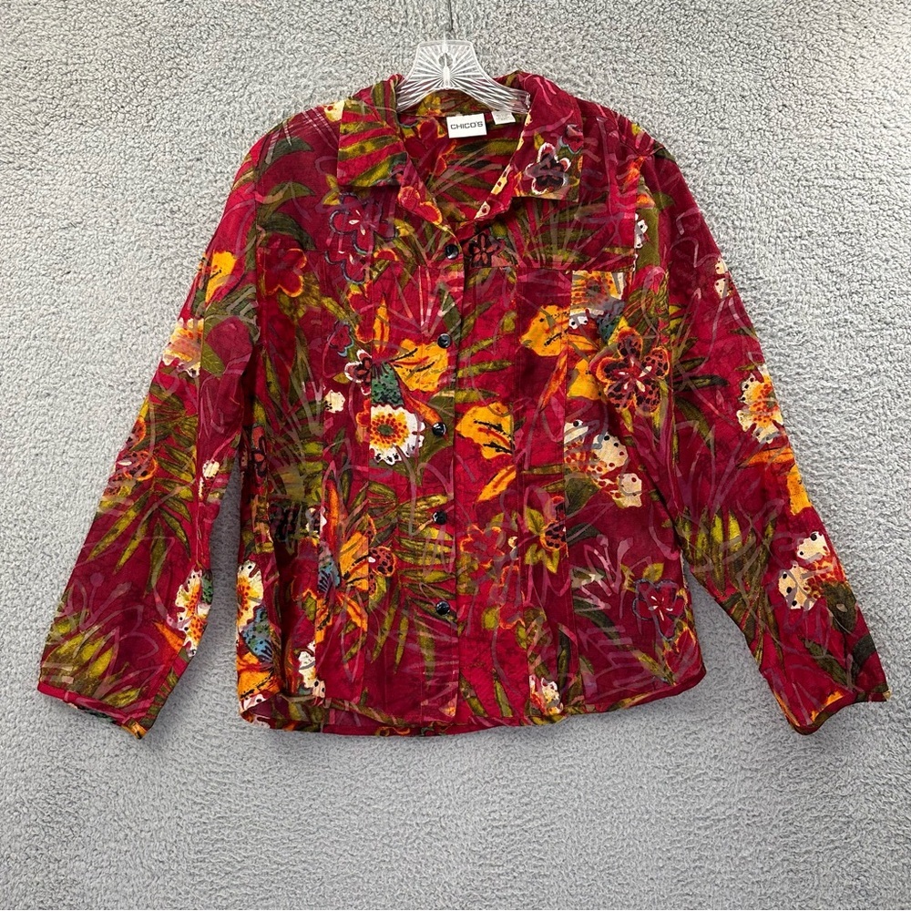 Chico's Floral Button Up Topper Jacket Linen Blend Floral Tropical Artsy 2 Large